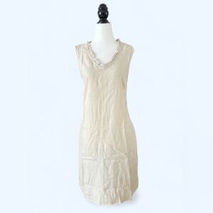 Briggs New York Cream Linen Blend Apron Midi Dress Ruffle Pockets M